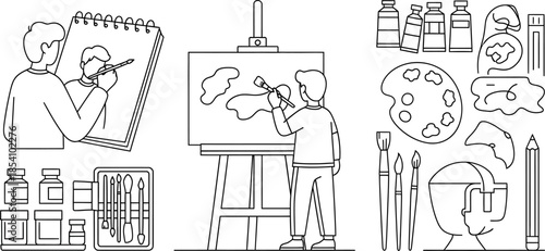 line art illustrations of people painting and art supplies on white background