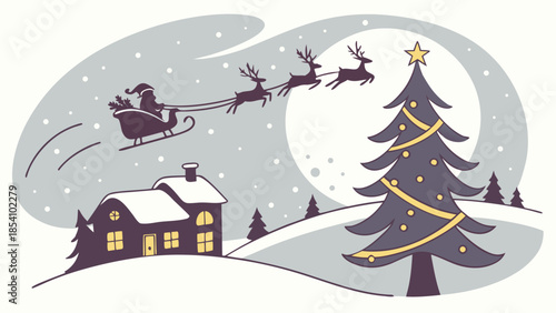 Magic Christmas eve. Santa claus delivers gifts on christmas eve with flying reindeer against a starry night sky. Santa with reindeers flying in sky.