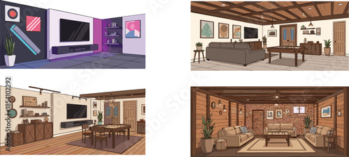Living room icons, modern and rustic interior illustration set, traditional and contemporary decor visuals, furniture and ambiance design styles