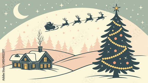 Magic Christmas eve. Santa claus delivers gifts on christmas eve with flying reindeer against a starry night sky. Santa with reindeers flying in sky.