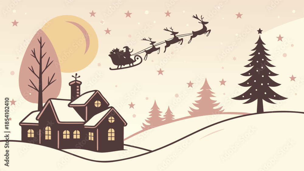Fototapeta premium Magic Christmas eve. Santa claus delivers gifts on christmas eve with flying reindeer against a starry night sky. Santa with reindeers flying in sky.