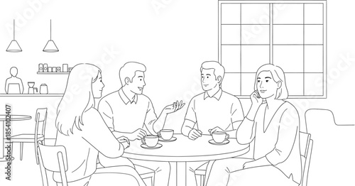 group of friends chatting and drinking coffee together in a cafe interior with large window
