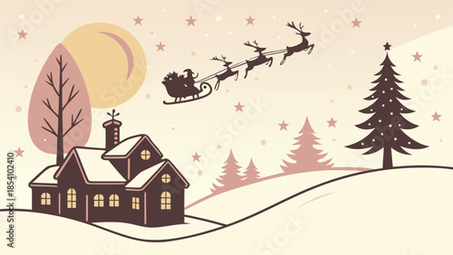 Magic Christmas eve. Santa claus delivers gifts on christmas eve with flying reindeer against a starry night sky. Santa with reindeers flying in sky.