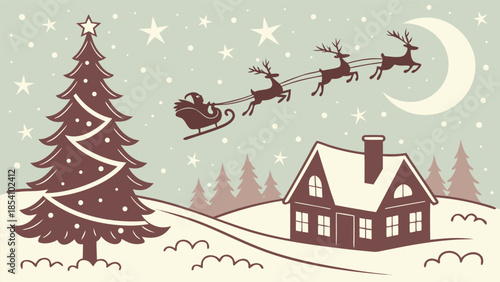 Magic Christmas eve. Santa claus delivers gifts on christmas eve with flying reindeer against a starry night sky. Santa with reindeers flying in sky.