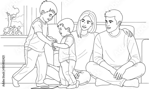 A family of four sitting on the floor and sofa in a living room with a window