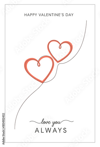 Happy Valentine's Day greeting card with minimalist line-art hearts