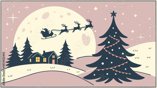 Magic Christmas eve. Santa claus delivers gifts on christmas eve with flying reindeer against a starry night sky. Santa with reindeers flying in sky.