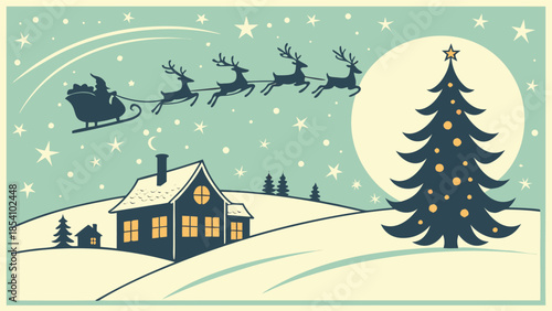 Magic Christmas eve. Santa claus delivers gifts on christmas eve with flying reindeer against a starry night sky. Santa with reindeers flying in sky.