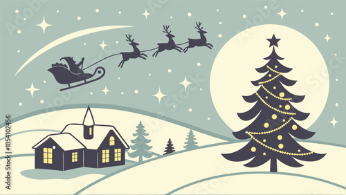 Magic Christmas eve. Santa claus delivers gifts on christmas eve with flying reindeer against a starry night sky. Santa with reindeers flying in sky.