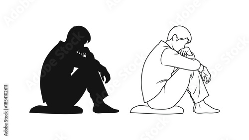 Two figures sitting in a contemplative and sorrowful posture monochrome illustration