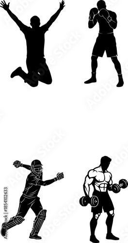Black vector silhouettes of people illustrating the evolution of a family through art including a man, woman, boy, and child in sport and dance poses