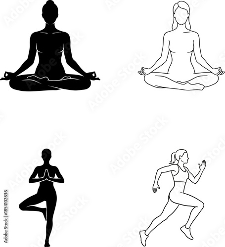 Vector illustration of a black silhouette of a woman sitting in a lotus pose practicing yoga and meditation for zen relaxation, health, and fitness