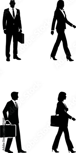 Vector illustration of a professional business team and diverse crowd including a man, woman, and family standing together as black silhouettes
