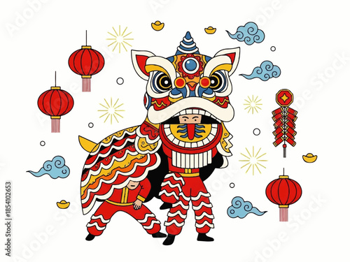 Cute and Colorful Chinese Lion Dance Illustration for Lunar New Year Greeting and Festival Design