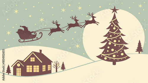 Magic Christmas eve. Santa claus delivers gifts on christmas eve with flying reindeer against a starry night sky. Santa with reindeers flying in sky.