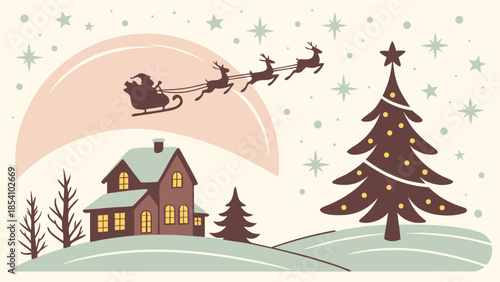 Magic Christmas eve. Santa claus delivers gifts on christmas eve with flying reindeer against a starry night sky. Santa with reindeers flying in sky.