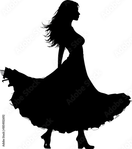 Artistic black vector illustration of a beautiful dancing woman in a fashion dress with long hair posing as a model for tango or flamenco wedding art