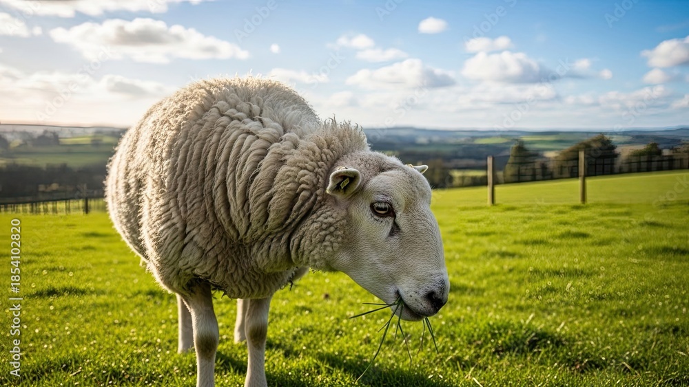 Obraz premium Fluffy white sheep grazing in a lush green meadow on a sunny day
