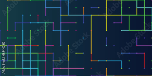 Digital Circuit Background Neon Network Lines Connecting Dots on Dark Blue