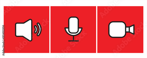 Icons related to Speaker, Microphone and Video Camera, basic icons for Video Conference, Webinar and Video Chat, vector illustration.

