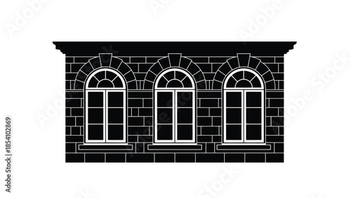 A black and white illustration of a building facade with three arched windows