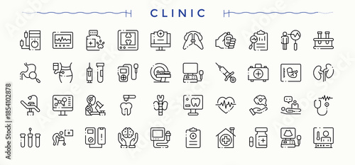 Clinic icon set. Contains related to health, laboratory, diagnostic, diagnosis, medical and more. Diagnostic simple icon set. Minimalist linear icons. Vector illustration.