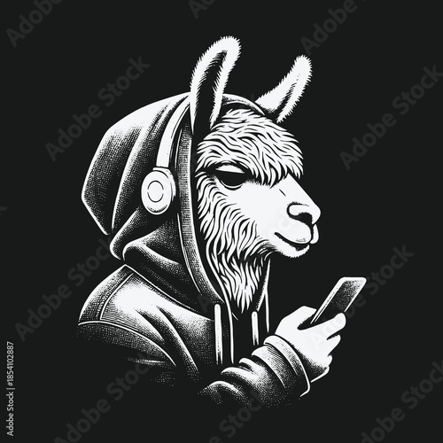Cool Llama in a Hoodie Listening to Music on Headphones and Using a Smartphone.