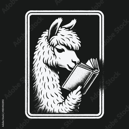 Scholarly Llama Portrait with a Book in Vintage Style.