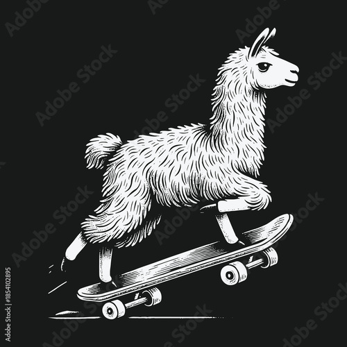 Whimsical black and white drawing of a funny llama on a skateboard.