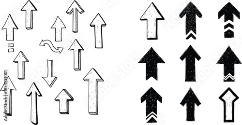 Hand-drawn arrow icons, sketch style arrows, black and white vector, upward direction, bold design, graphic symbols, UI elements