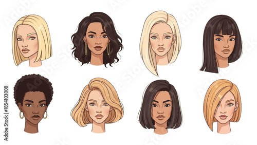 Diverse Group of Women's Faces with Different Hair Colors and Styles Illustrated