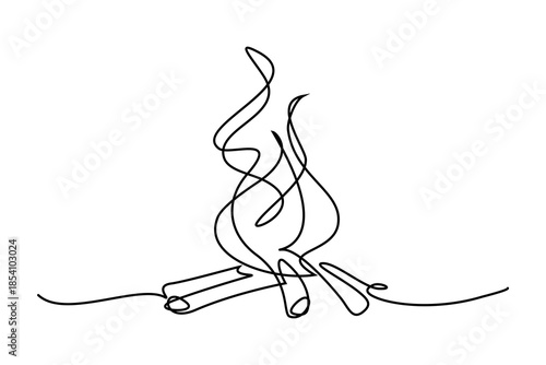 Bonfire in continuous line art drawing style. Campfire black linear design isolated on white background. Vector illustration