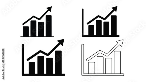 Black and white illustrations of various upward trending bar graphs and arrows