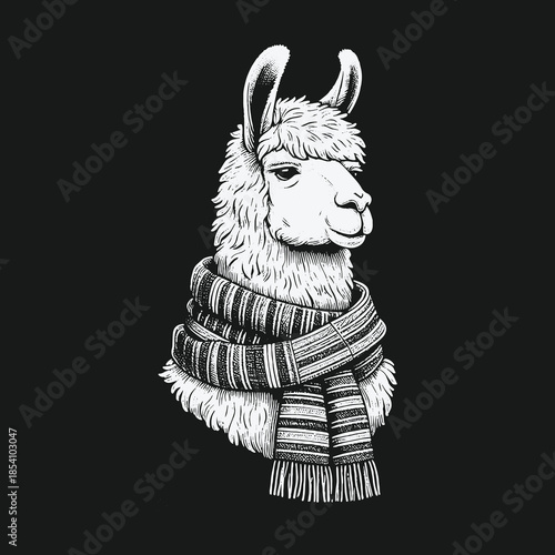 Hand drawn black and white illustration of a llama wearing a cozy winter scarf.
