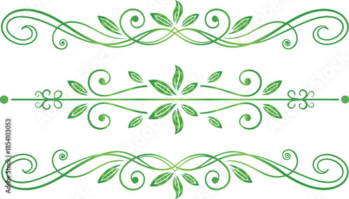 Elegant green leaf and swirl design elements for decorative borders and dividers, perfect for enhancing invitations, certificates, and stationery with a natural, organic flourish