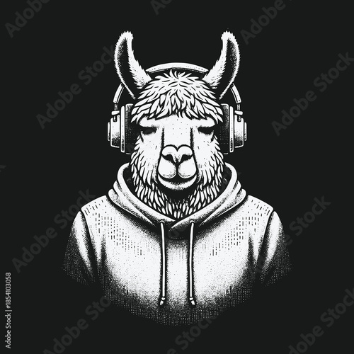 Cool Llama Wearing Headphones and Hoodie Monochrome Illustration.
