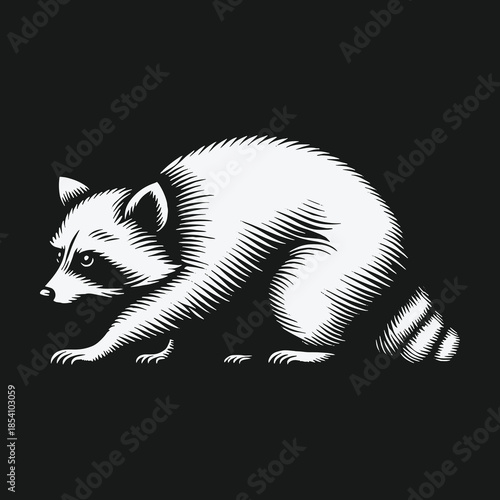 Stylized Engraved Raccoon Illustration on Black Background.