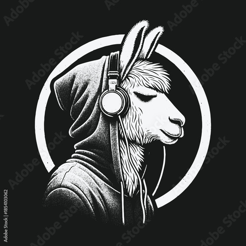 Black and white illustration of a cool llama wearing headphones and a hoodie.