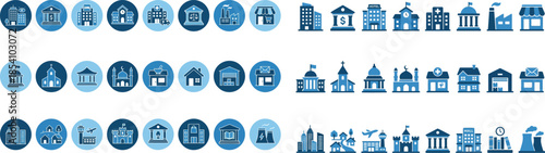 Collection of various blue monochromatic building and architecture icons set in circular containers representing different urban and civic structures for design projects.