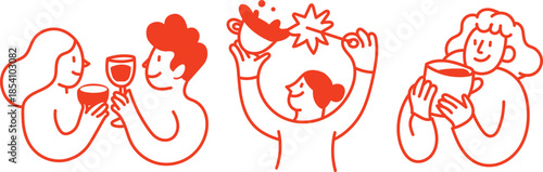Happy People Enjoying Drinks and Celebration Moments Minimal Line Art Illustration for Lifestyle and Social Design