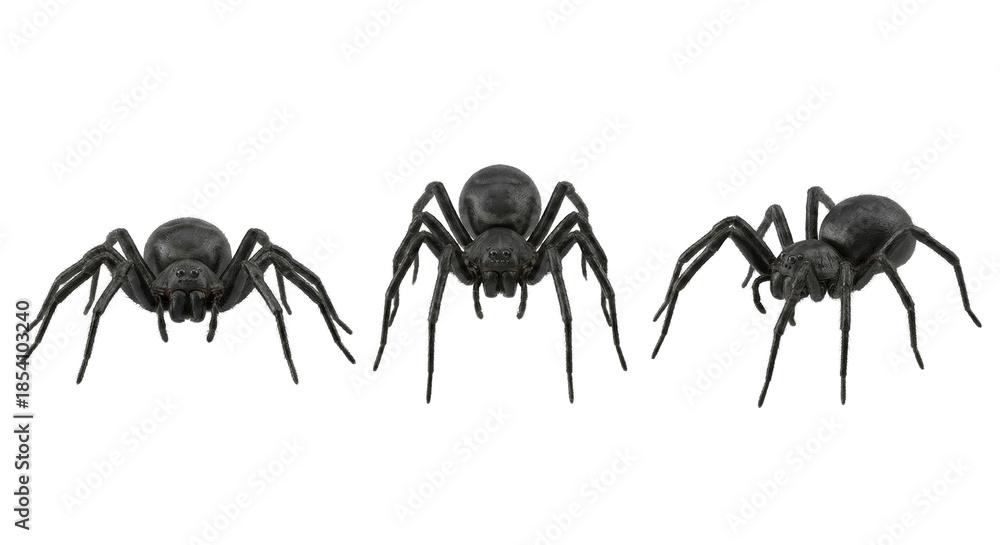 Fototapeta premium isolated transparent background detailed close-up of three black widow spiders crawling on a black
