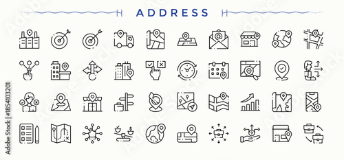 Address icon. Contain linear symbols call, email, location, phone, personal information, info and more. Phone icon. Minimalist icons collection. Signs for web and mobile app.