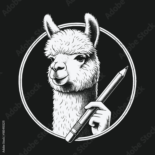 Monochrome Mascot Llama Writer with Pencil in Circular Frame.