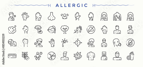 Allergic related icon set. Thin UI icons. Rash linear icon set. Related to sneeze, disease, allergy, medicine, rash and more.