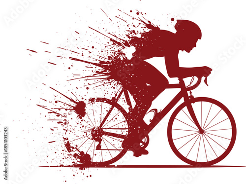 Dynamic cyclist silhouette illustration with abstract paint splashes representing speed motion cycling sport concept isolated on white background vector art