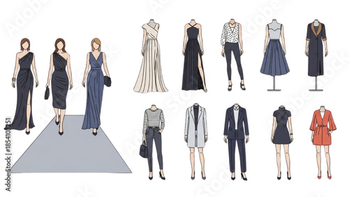 Fashion illustrations of women and men in various outfits displayed on a white background