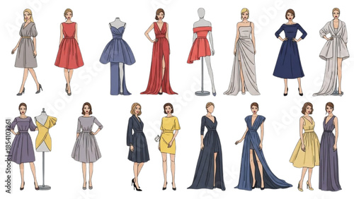 Collection of elegant evening dresses showcased from various viewpoints against a clean white background