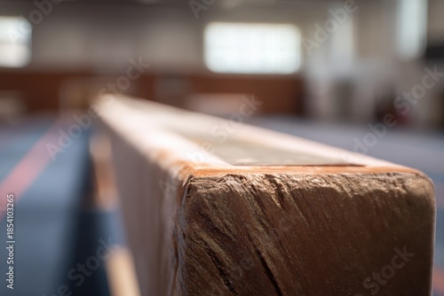 Close-Up of Gymnastics Balance Beam in Sunlit Indoor Training Facility.