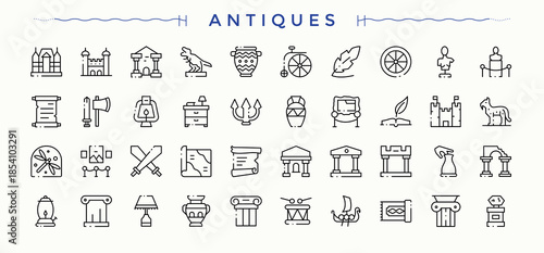 Antiques modern icon set. Modern thin line style icons. Vector illustration. Culture modern icon set. Contain linear sign history, archaeology, antiquity, heritage, culture and more.