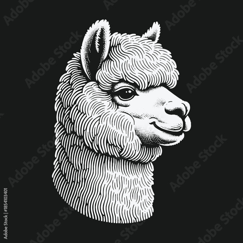 Vintage Engraving Style Alpaca Head Portrait Illustration on Black Background.